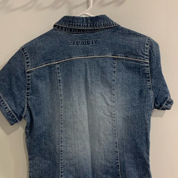 Azzure Denim Jumpsuit Shorts with Frayed Patch Accent - Picture 9 of 14